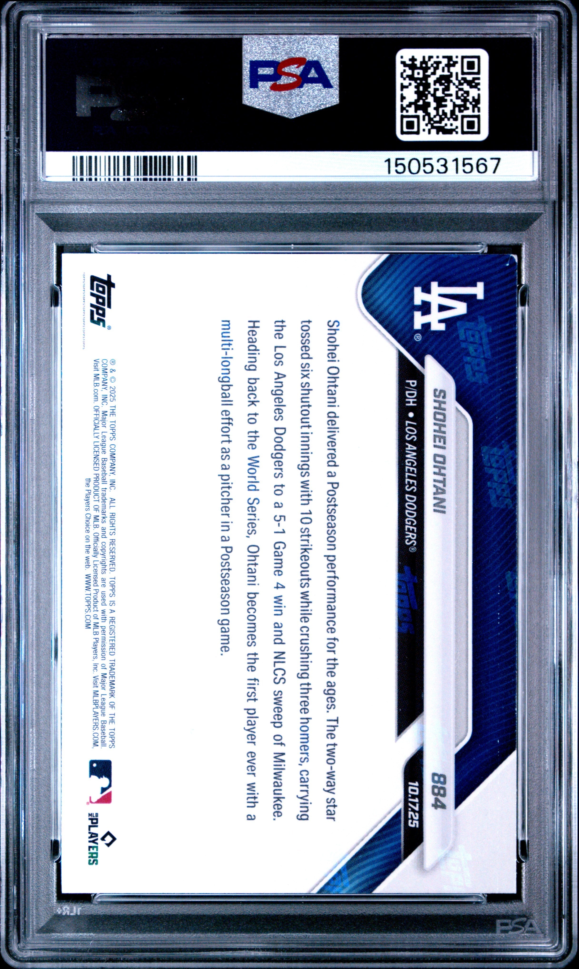 Graded 2025 Topps Now Shohei Ohtani #884 Baseball Card PSA 8 Near Mint