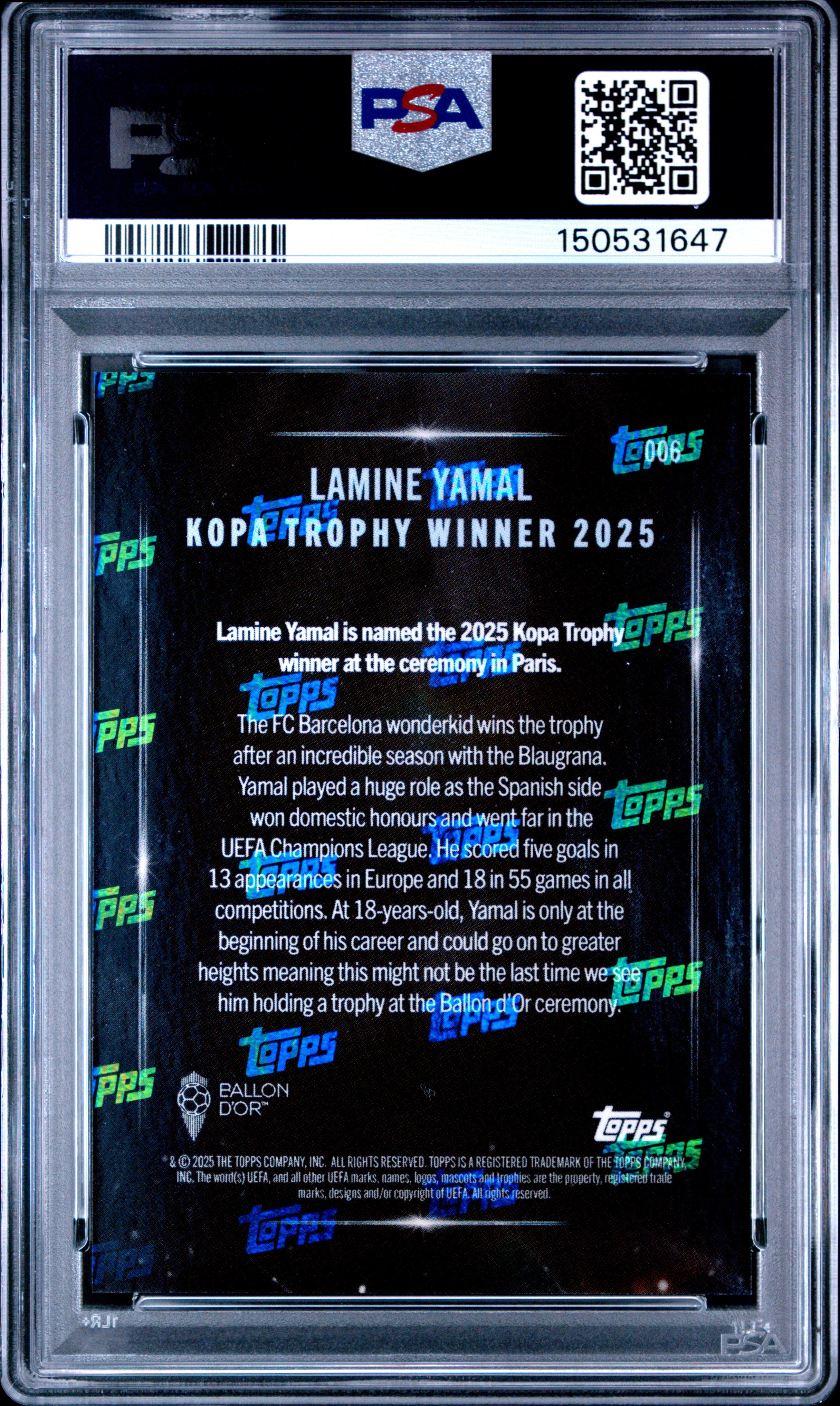 Graded 2025 Topps Now Ballon d'Or Lamine Yamal #6 Soccer Card PSA 10 Gem Mint