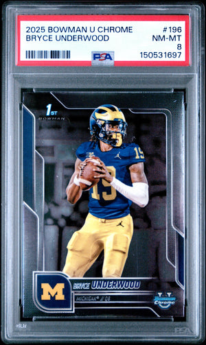 Graded 2025 Topps Bowman University Chrome Bryce Underwood #196 Rookie RC Football Card PSA 8 Near Mint