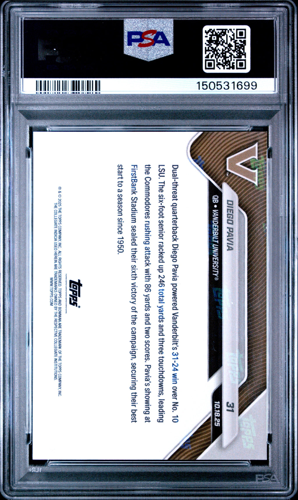 Graded 2025 Topps Bowman U Now Diego Pavia #31 Rookie RC Football Card PSA 10 Gem Mint