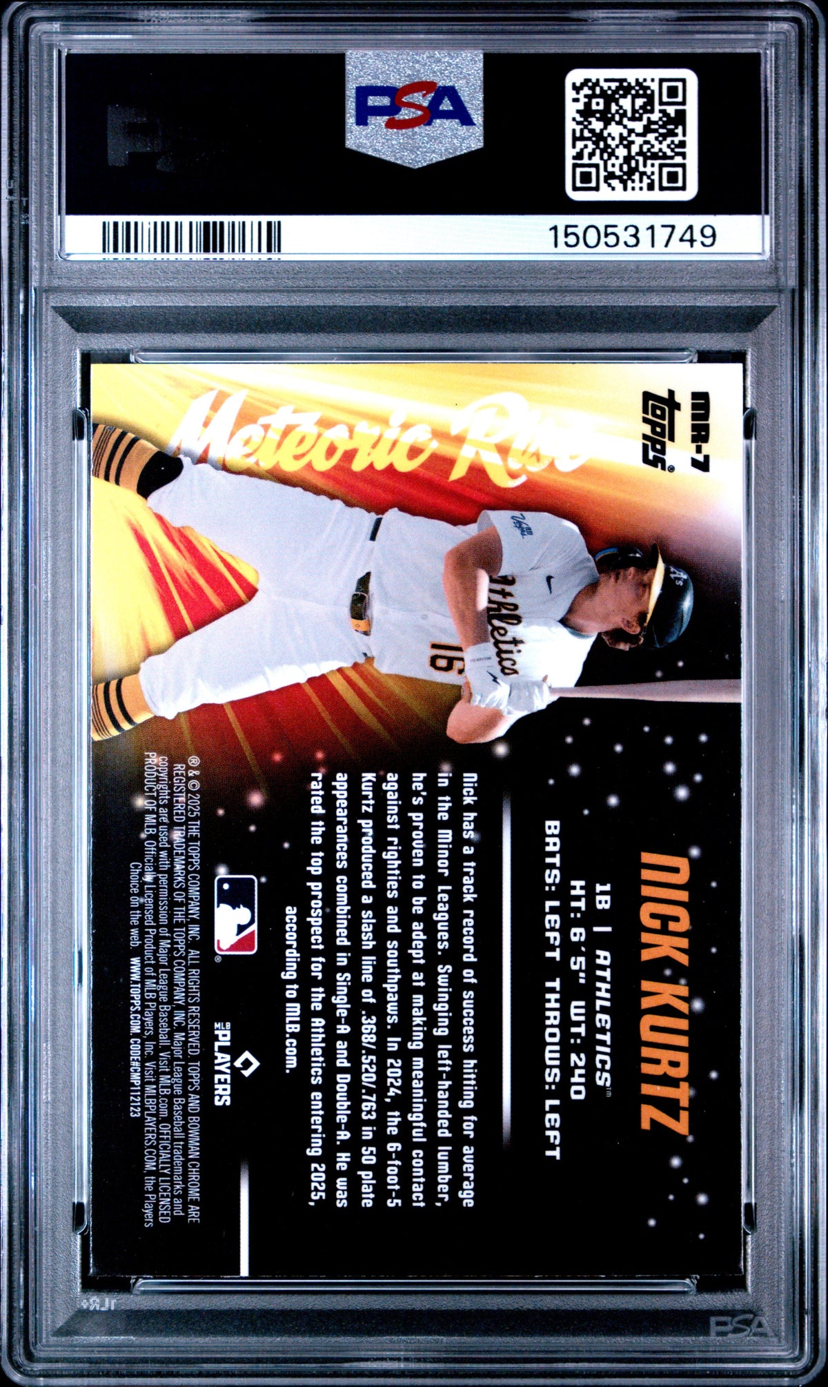 Graded 2025 Topps Bowman Chrome Nick Kurtz #MR7 Meteoric Rise Rookie RC Baseball Card PSA 10 Gem Mint