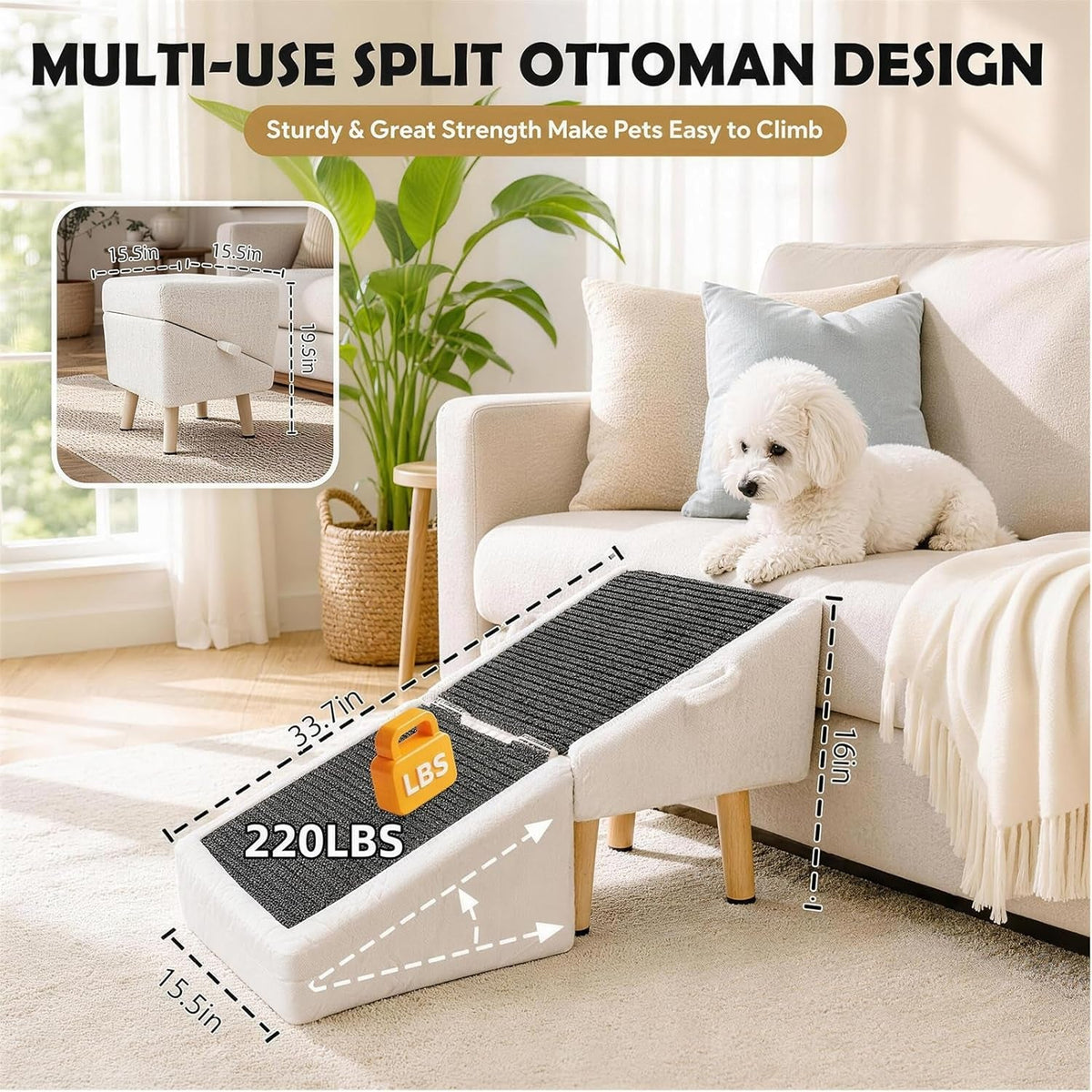 16in Foldable Wooden Dog Ramp Stairs Ottoman for Couch