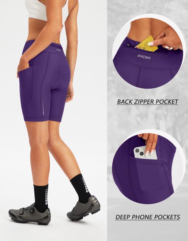 Bikewa Women's 4D Padded Cycling Bike Shorts Purple Zipper Pockets Size XL