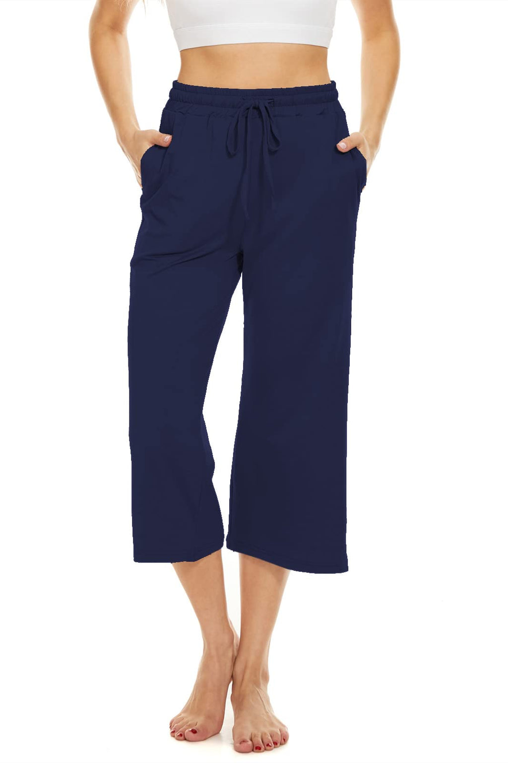 BATHRINS Womens Wide Leg Capri Pants Drawstring Pockets Navy Size M