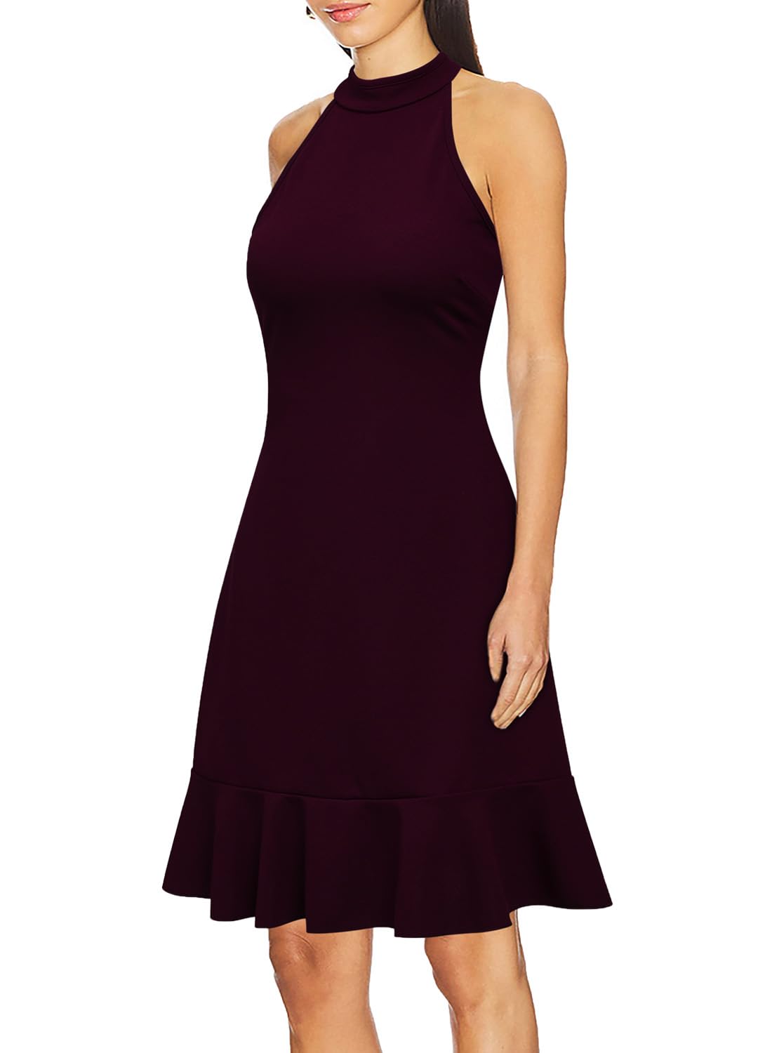 WOOSEA Womens Sleeveless Halter Neck Cocktail Dress Burgundy Size XL