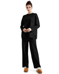 SUUKSESS Women Lounge 2PC Pajama Set Long Sleeve Top Wide Leg Pants Black M