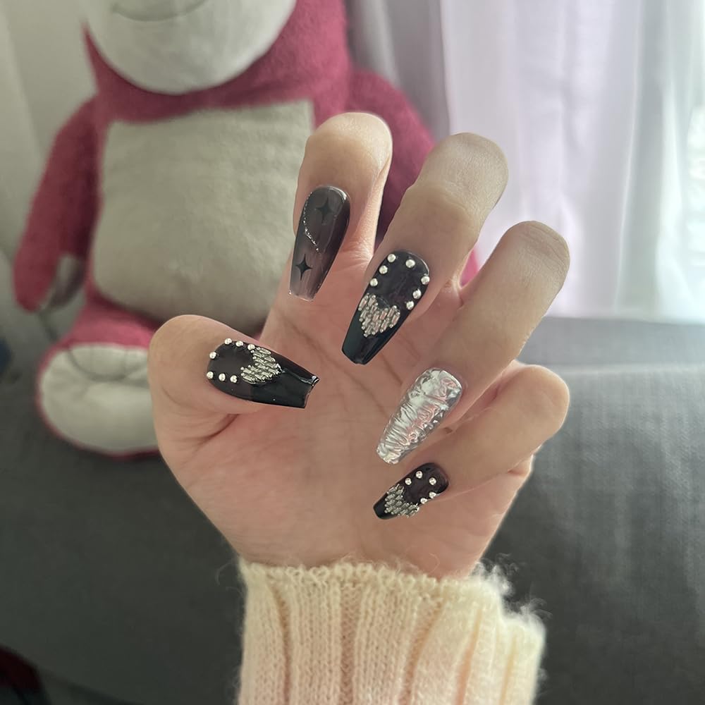 PIVHWIR Press On Nails Reusable Glossy Long 3D Heart Design Fake Nails Stick On Nails-Black (S)