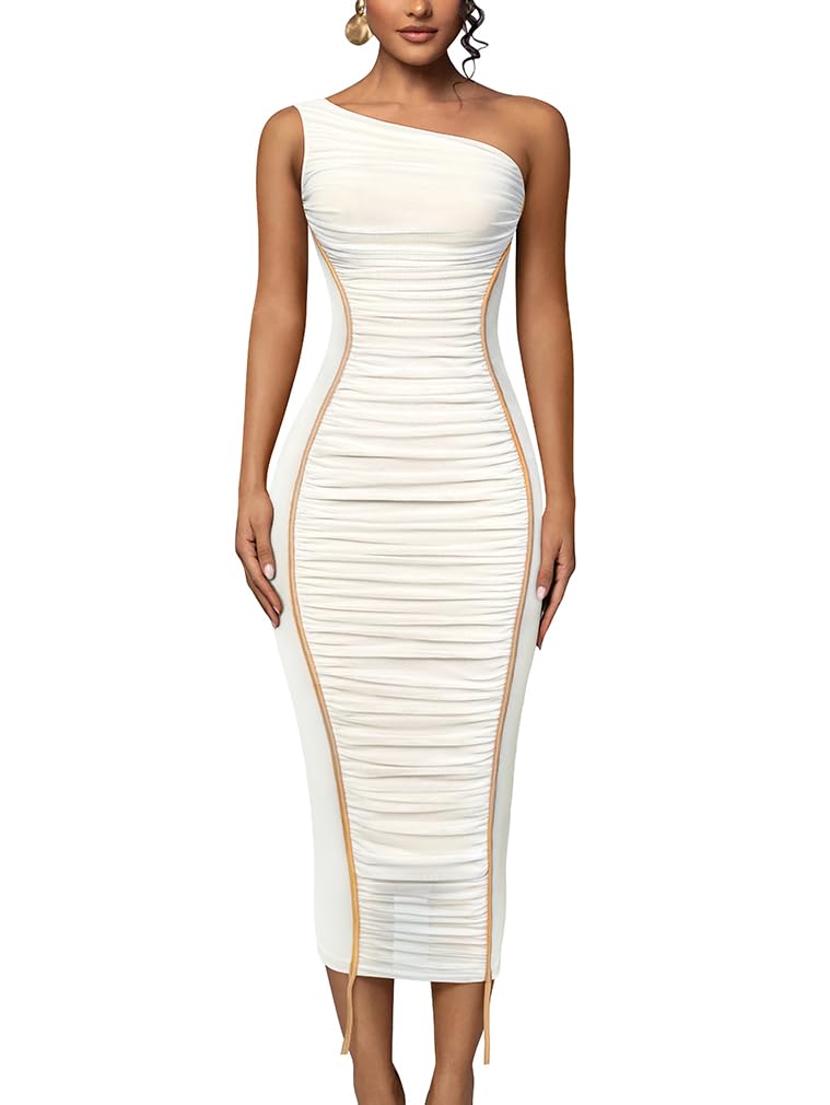 LAGSHIAN Women's Sexy Bodycon One Shoulder Mesh Ruched Midi Dress White Size L