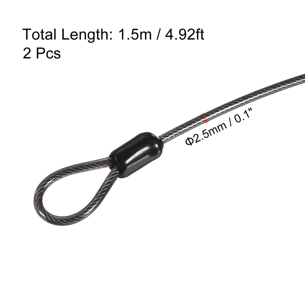 PATIKIL Security Steel Cable 2.5mm x 1.5m Black Double Loop 2 Pack