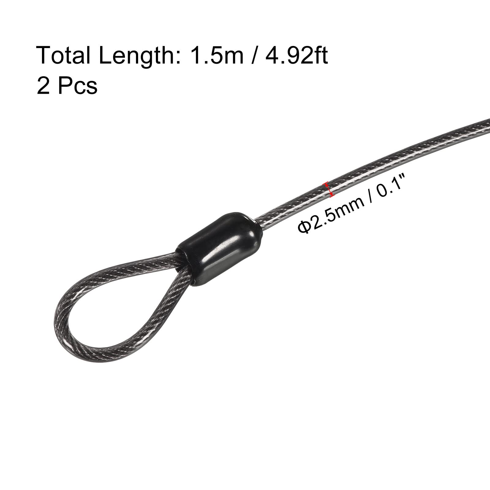 PATIKIL Security Steel Cable 2.5mm x 1.5m Black Double Loop 2 Pack