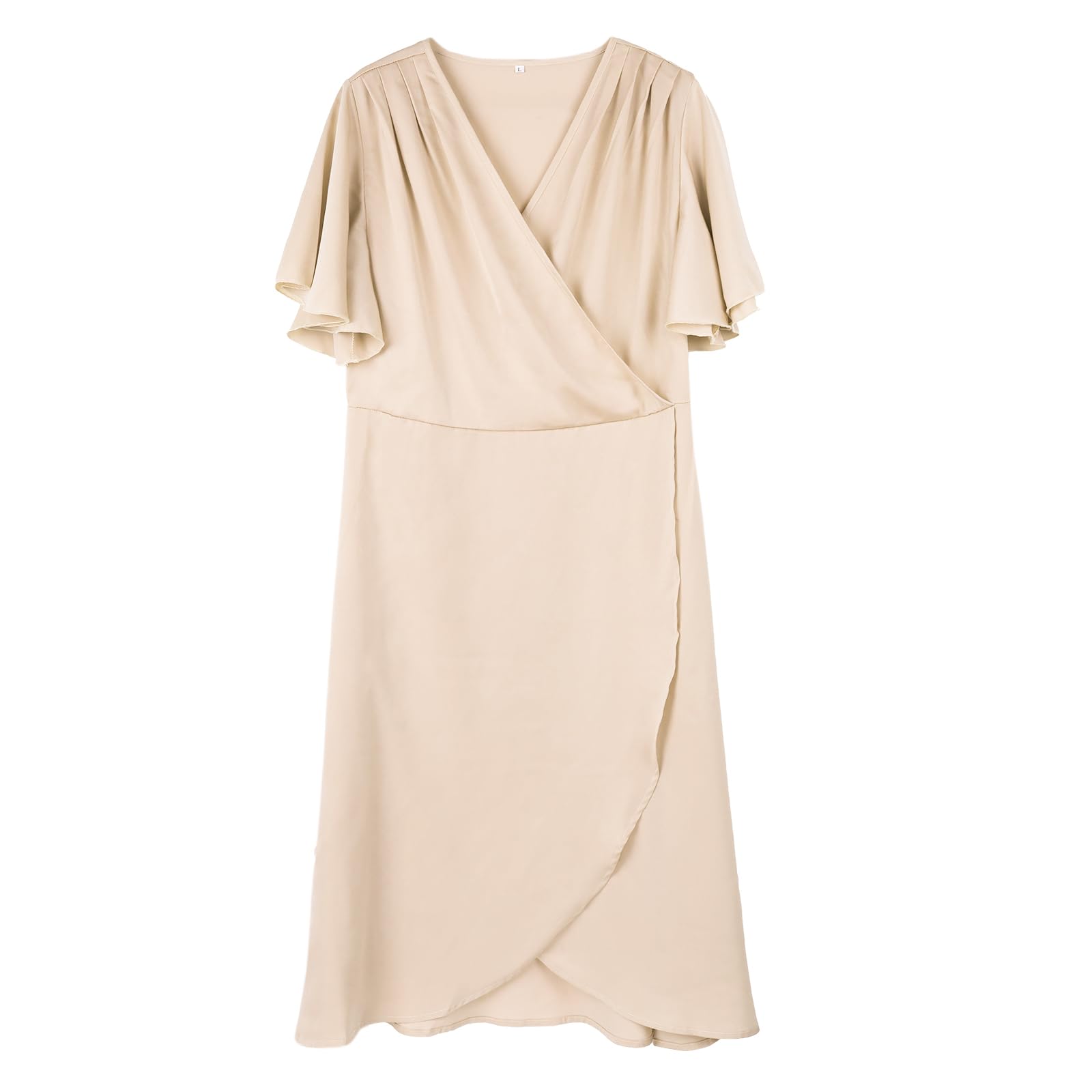 AliChan Womens Satin Wrap Dress V Neck Flared Sleeve Tie Waist Beige Size L