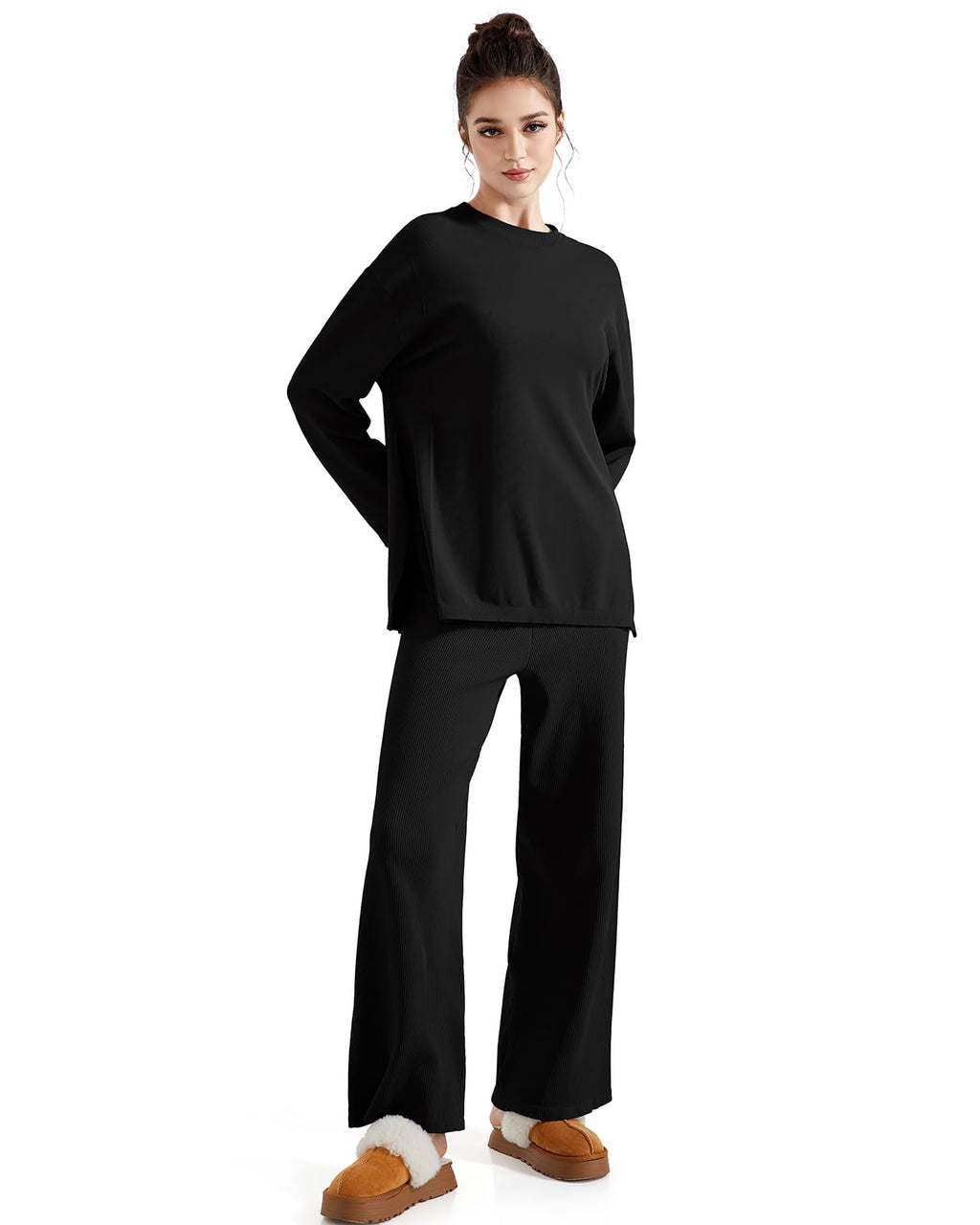 SUUKSESS Women Lounge 2PC Pajama Set Long Sleeve Top Wide Leg Pants Black M