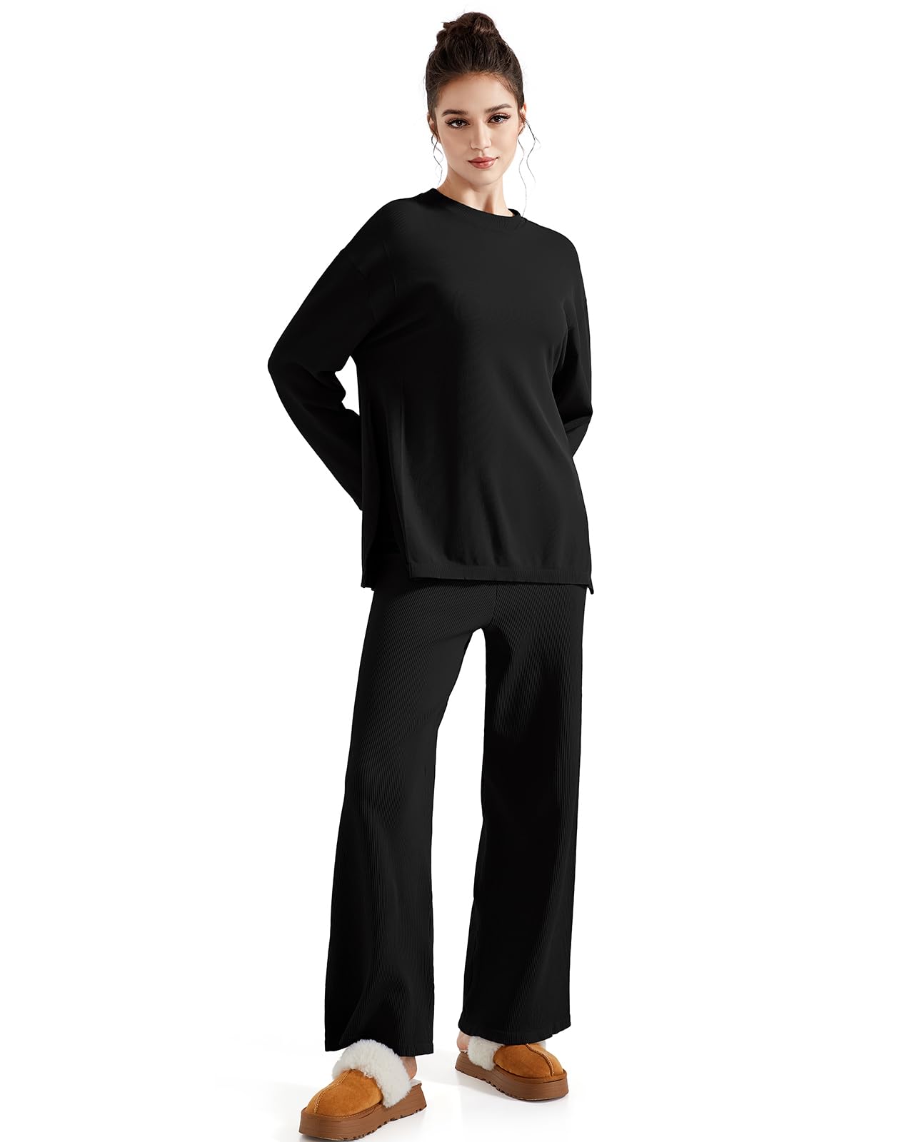 SUUKSESS Women Lounge 2PC Pajama Set Long Sleeve Top Wide Leg Pants Black M