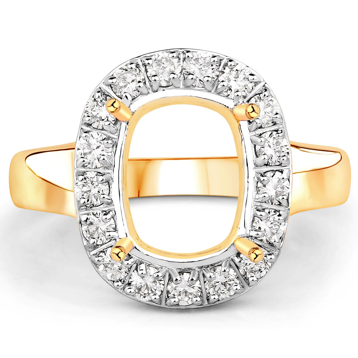 0.51 Carat Genuine White Diamond 14K Yellow Gold Semi Mount Ring - holds 10x8mm Cushion Gemstone
