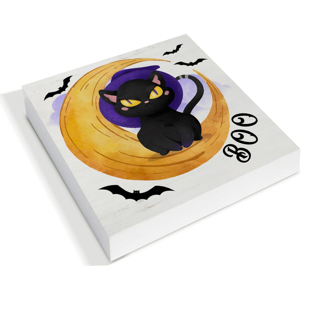 Hijie Halloween Black Cat Bat Wooden Sign Decor 5x5 Inches Indoor