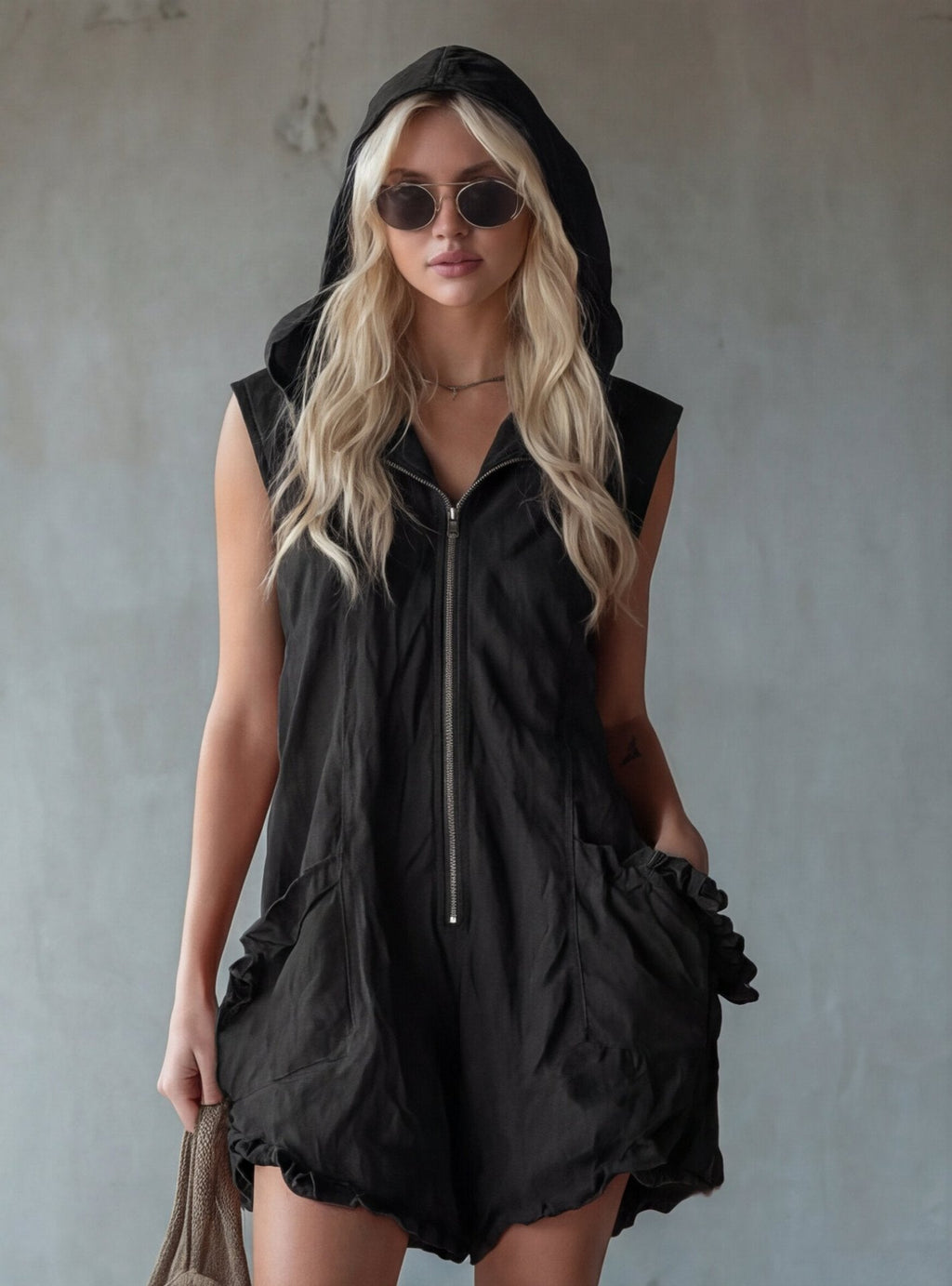 Vintage Style Hooded Zip-up Sleeveless Faux Linen Jumpsuit