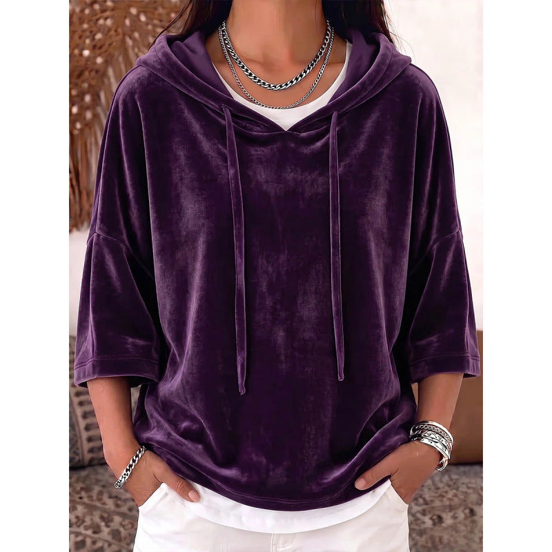 Solid-color Drawstring Three-quarter-sleeve Velvet Hoodie