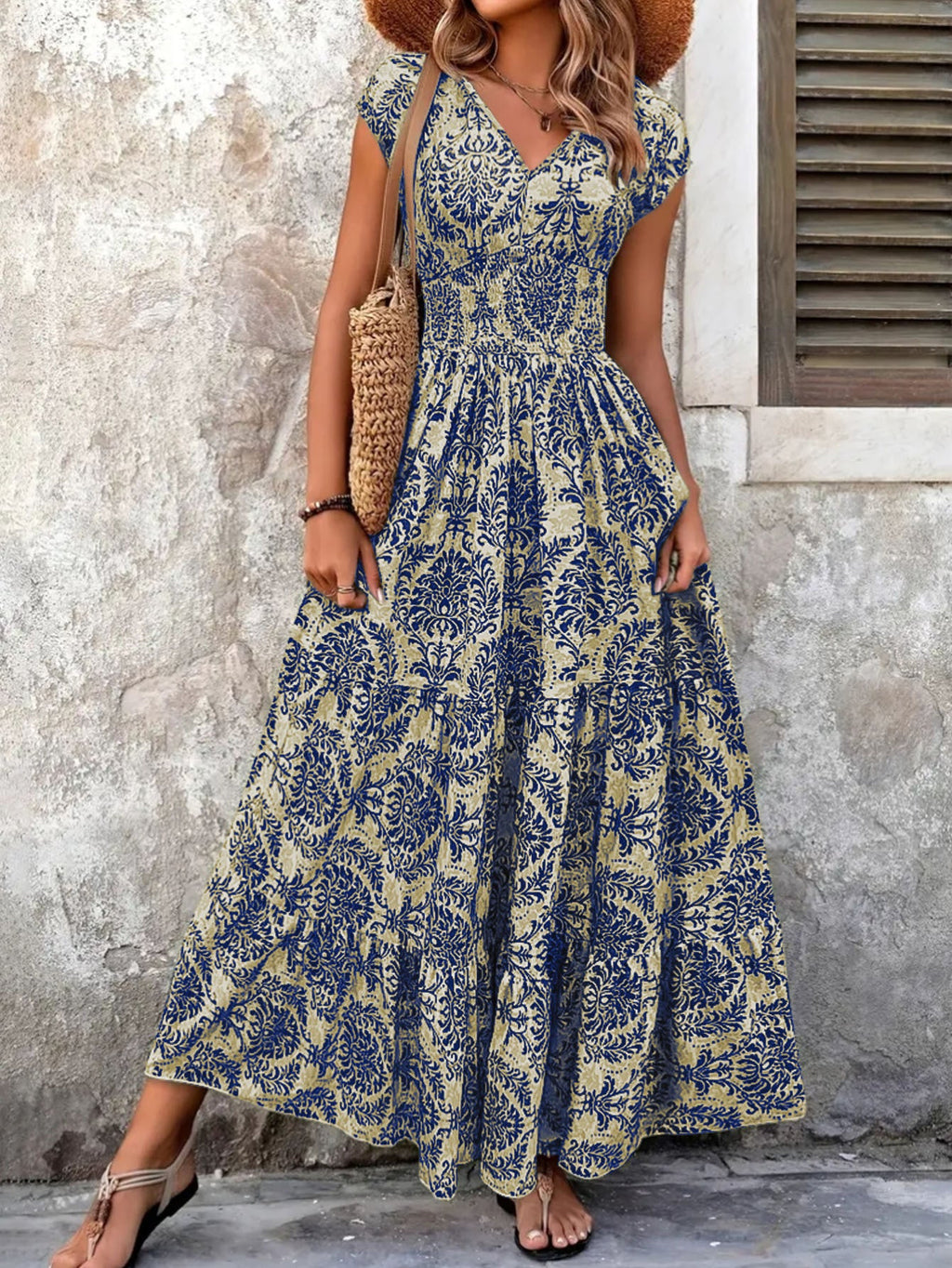 2026 Amazon Cross-Border Export Retro Printed Dress Fashionable And Elegant V Neck Short-Sleeved Dress Women's Dress