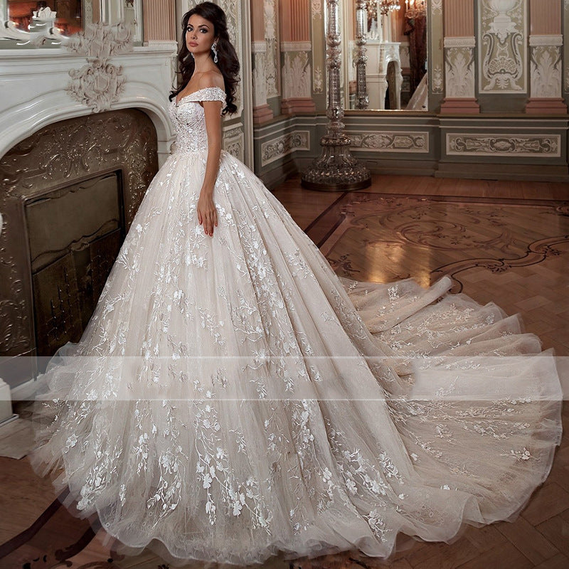 Off-shoulder French-style Bride Trailing Mori Style Simple Small Wedding Dress