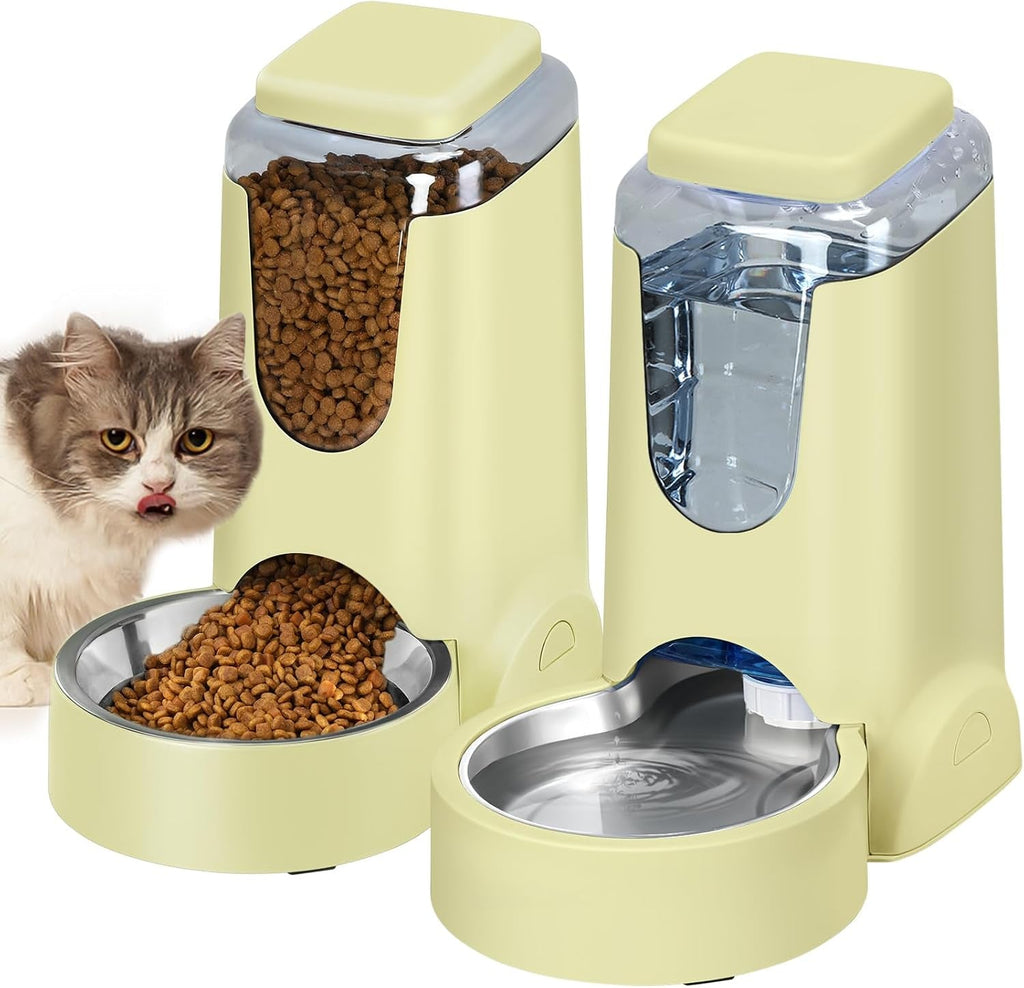 Automatic Cat Feeder & Water Dispenser Set, Steel Bowls, 1 Gallon