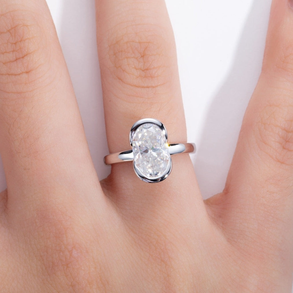 Silver Oval Semi  mount Ring With A 3  carat Fancy shaped Moissanite For Women