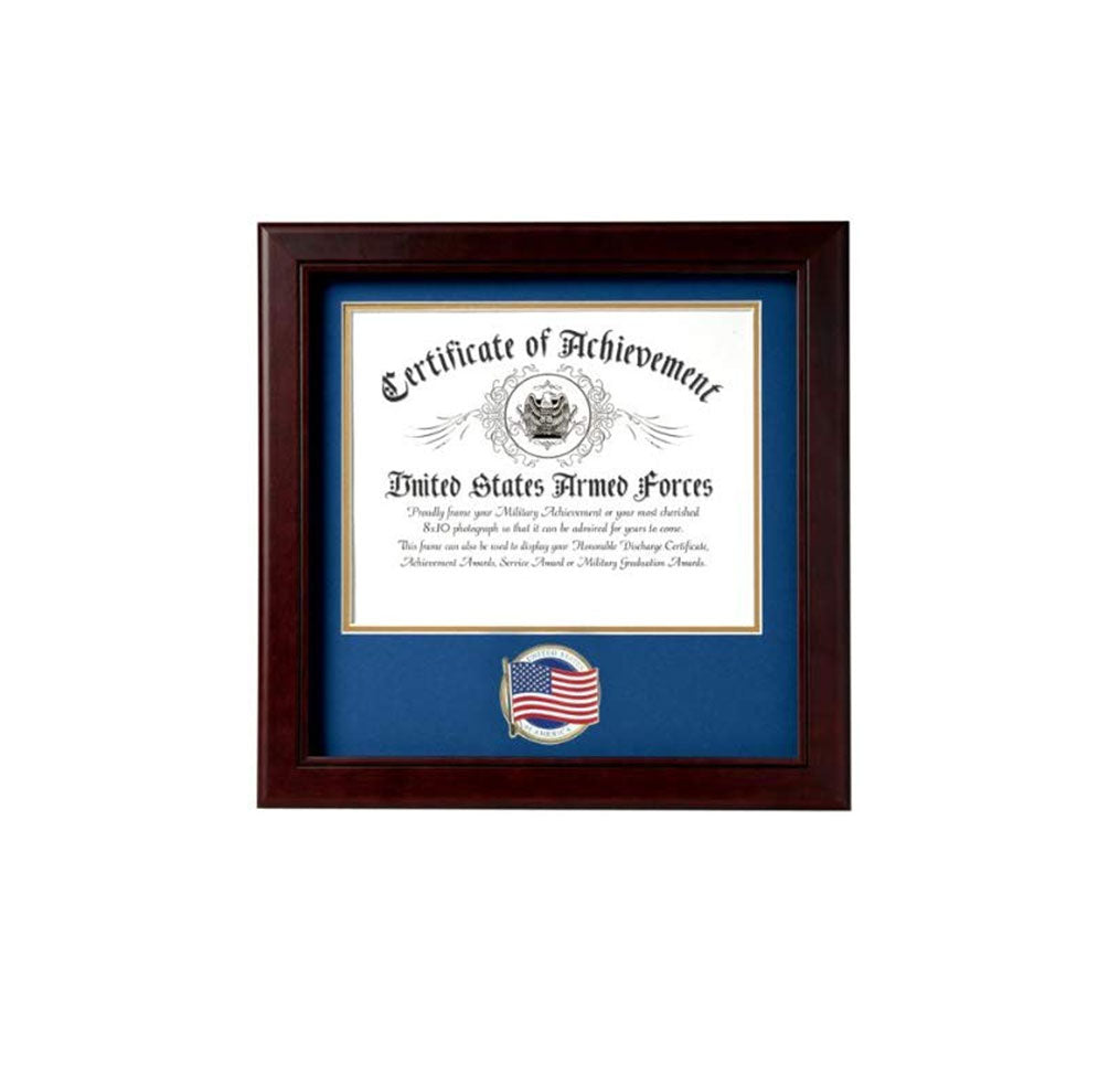 US American Flag Certificate of Achievement Picture Frame with Medallion - 8 x 10 Inch Opening.
