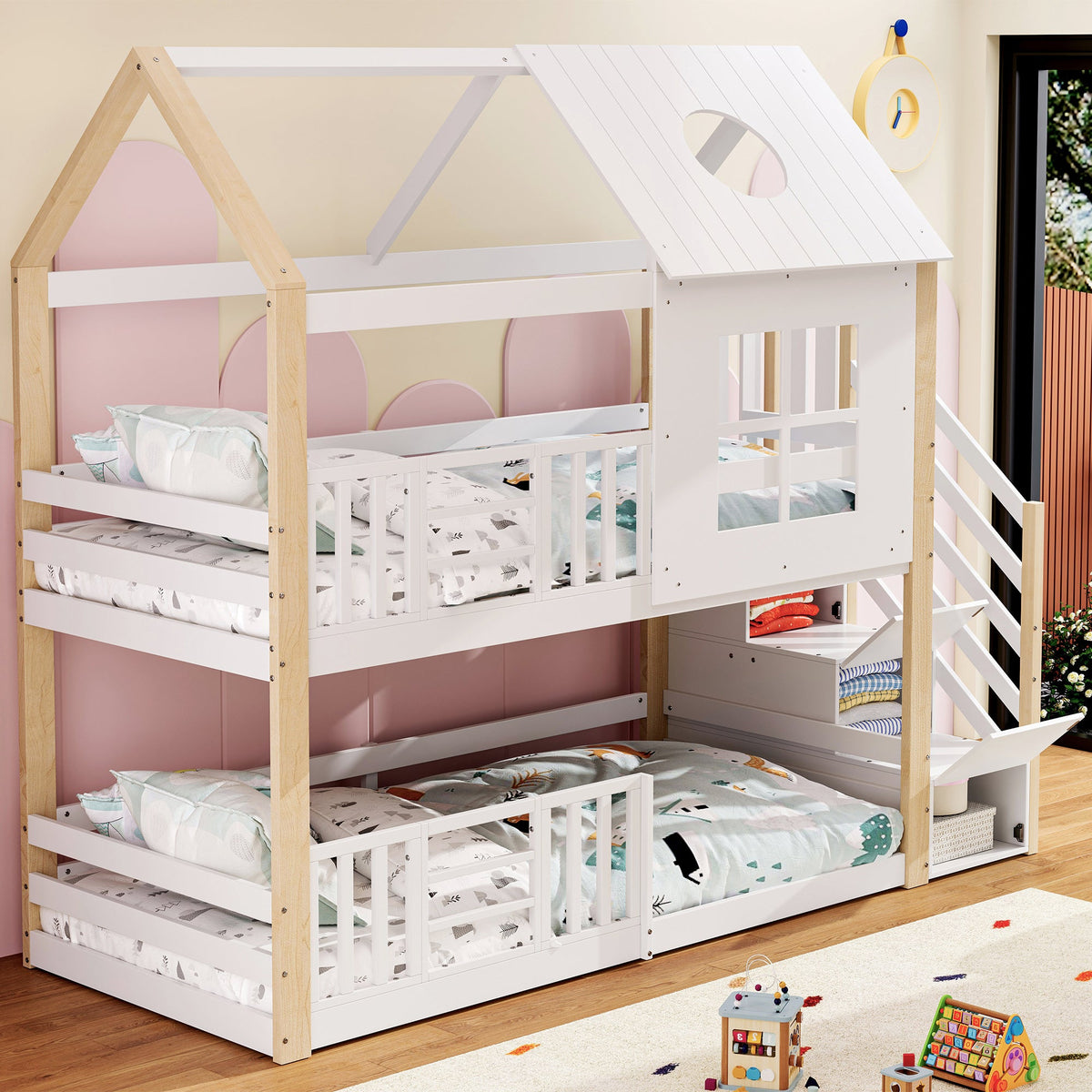 Storybook House Bunk Bed with Storage Stairs