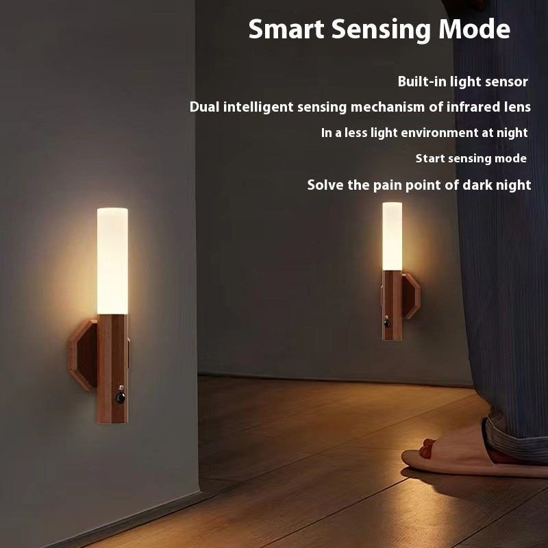 Wood Grain Magnetic Motion Sensor Night Light – Rechargeable LED Wall Lamp, 180° Rotating Base for Bedroom, Hallway & Closet