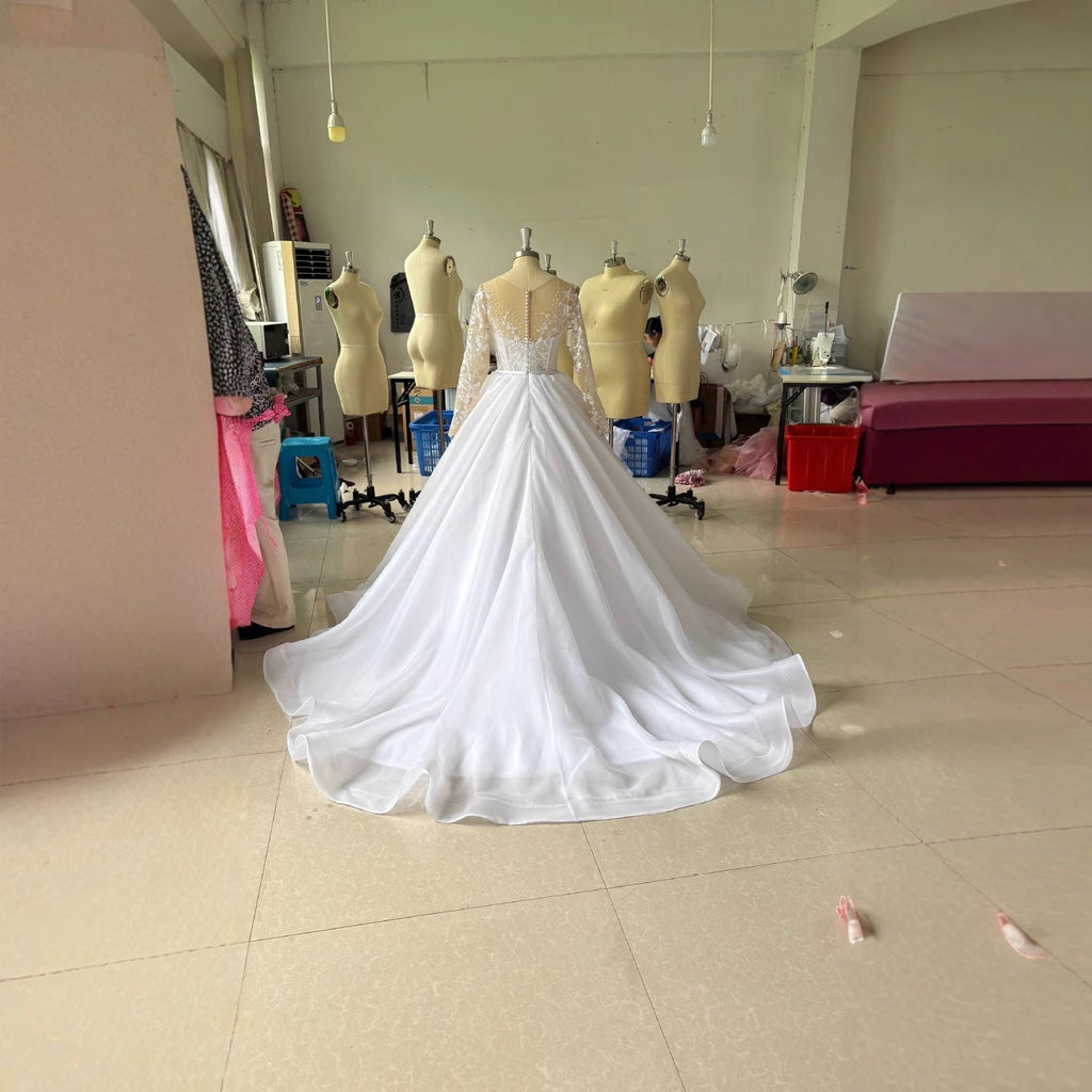 Embroidered Long Sleeve Off-the-shoulder Wedding Dress