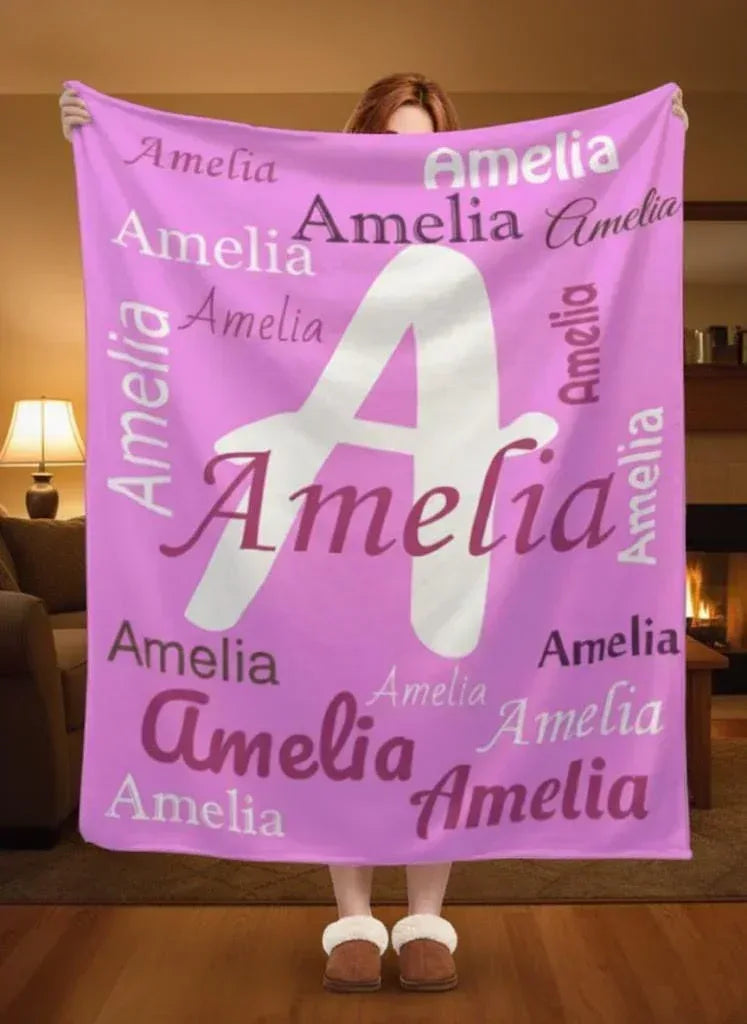 Your Letter and Name - Personalized Name Blanket: Pink & White Flannel Fleece Throw