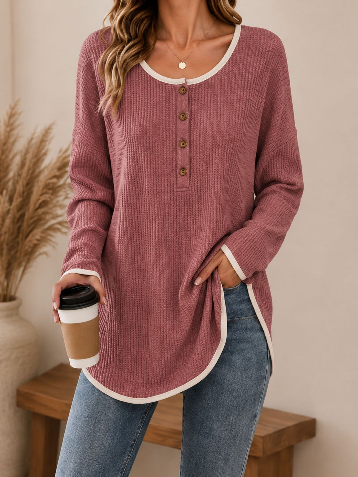 Anno's Self-developed 2026 European And American Women's Fashion Casual Round-neck Buttoned Long-sleeve Top For Amazon Independent Stores