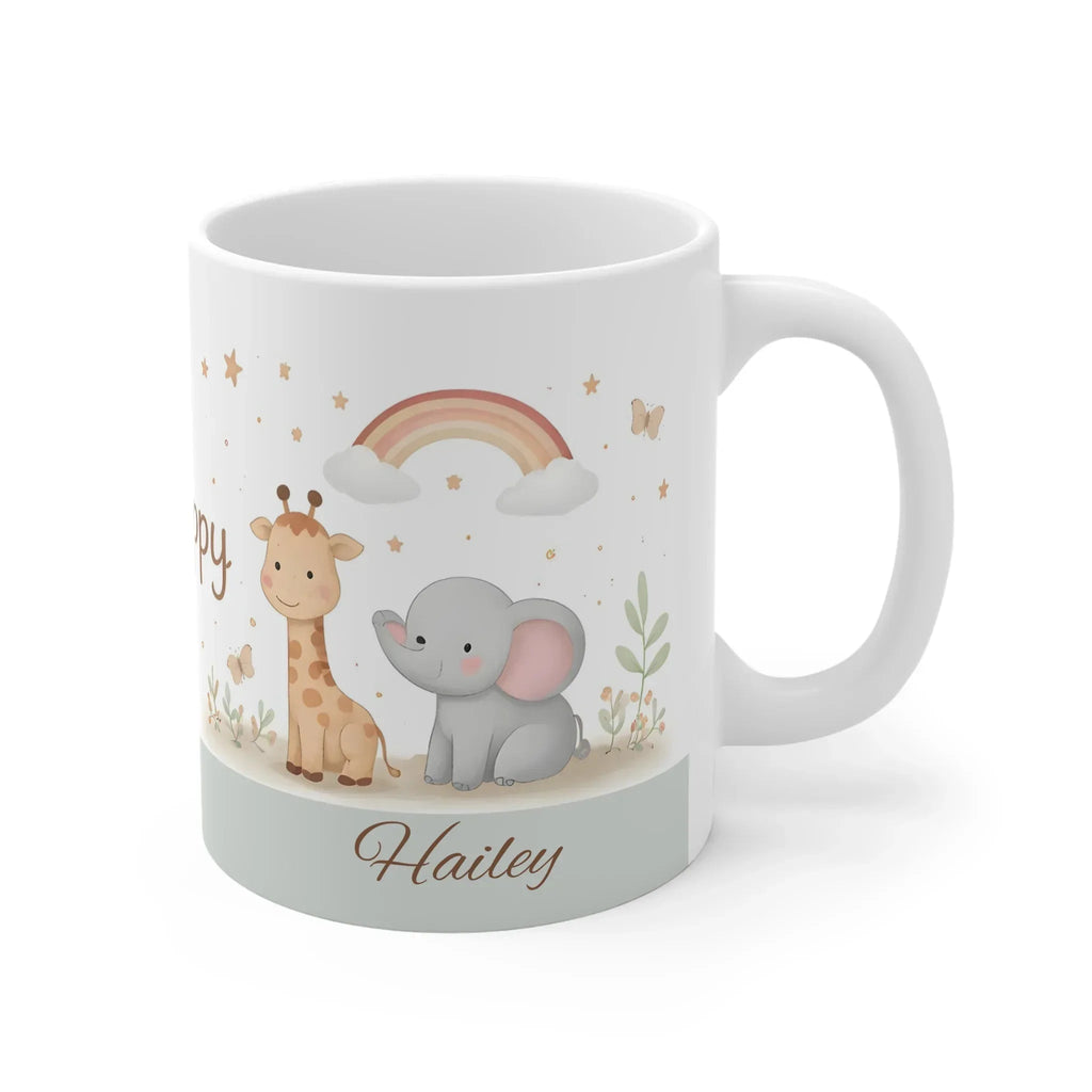 Be Happy Safari Mug — Personalized Cute Giraffe & Elephant Baby Shower Gift
