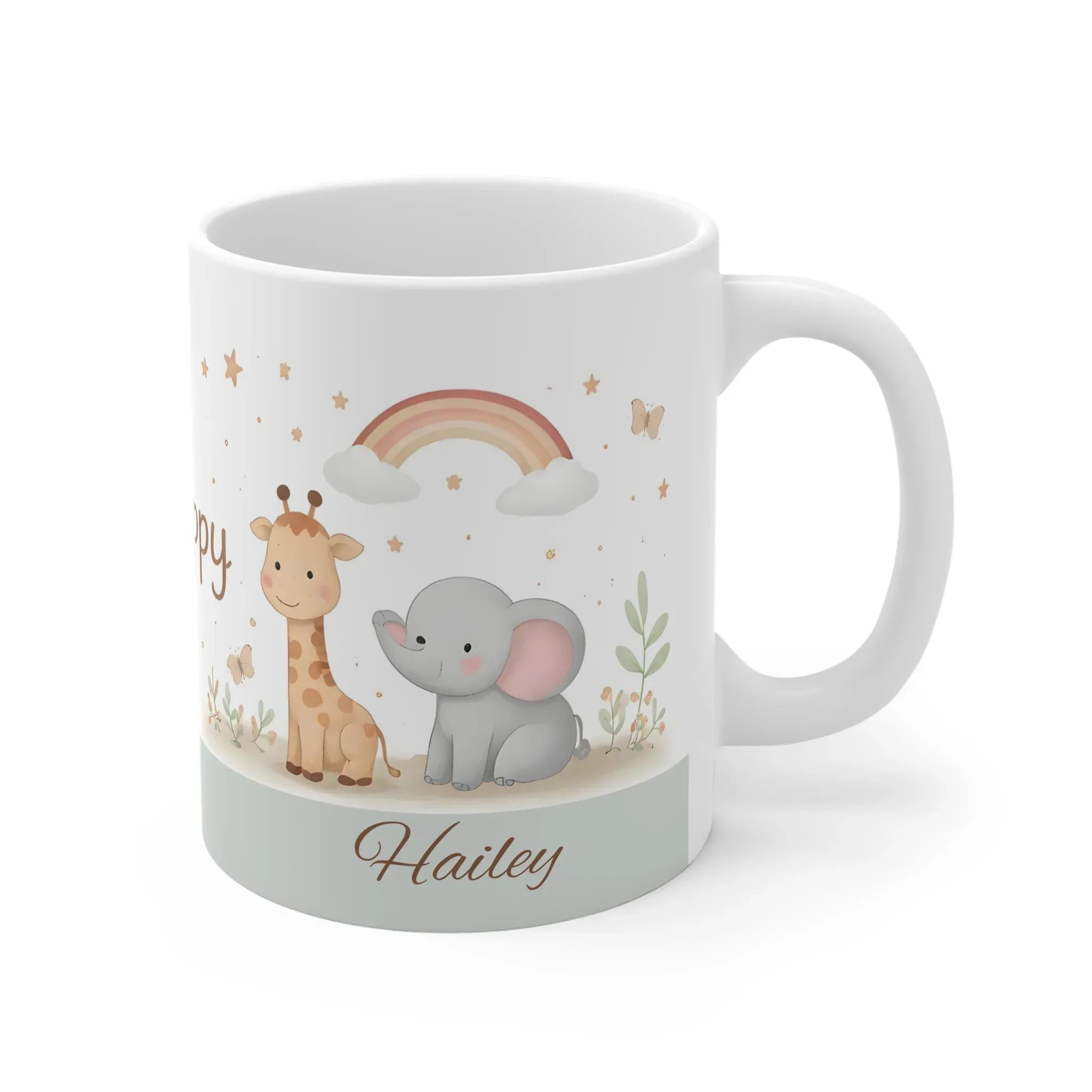 Be Happy Safari Mug — Personalized Cute Giraffe & Elephant Baby Shower Gift