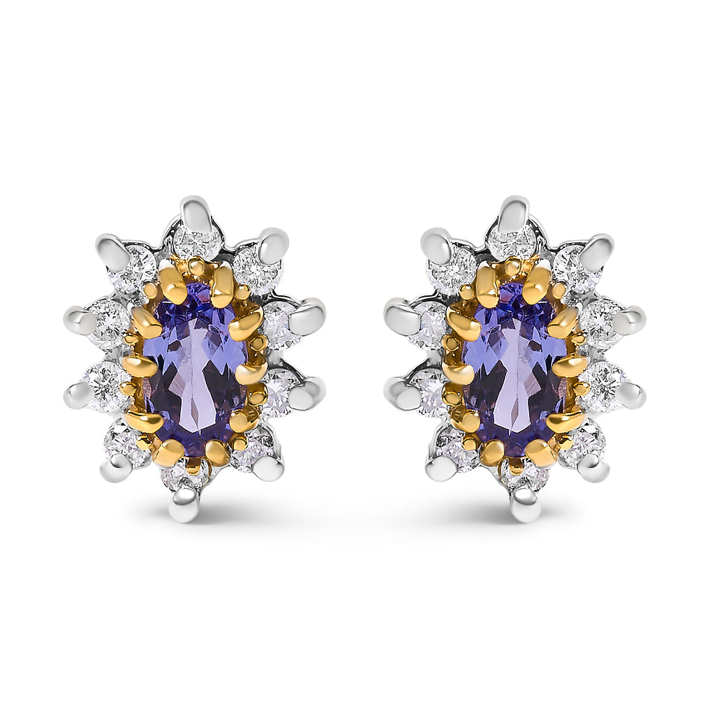 14K Yellow Gold 1/4 Cttw Diamond and Blue Purple Tanzanite Sunburst Halo Stud Earrings (K-L Color, I1-I2 Clarity)