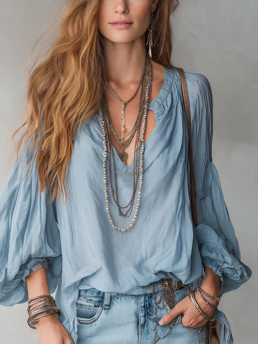 Women's Bohemian Style Simple Casual Loose Long Sleeve Blouse
