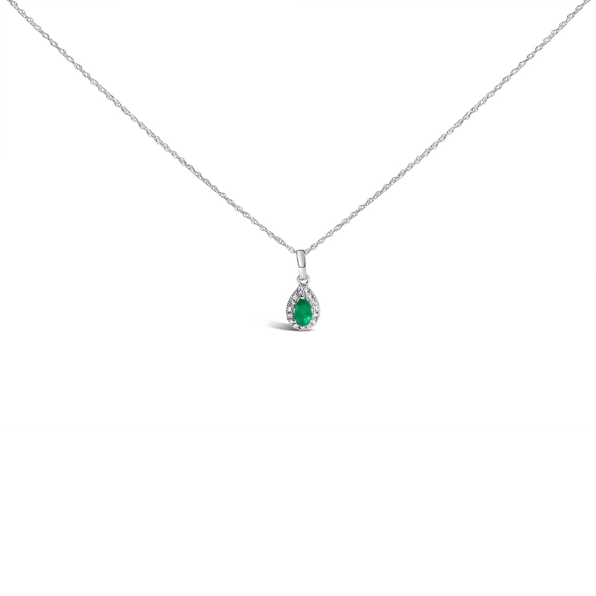 10K White Gold 5x3mm Green Emerald and Diamond Accent Halo Pear Shape 18" Pendant Necklace (I-J Color, I1-I2 Clarity)
