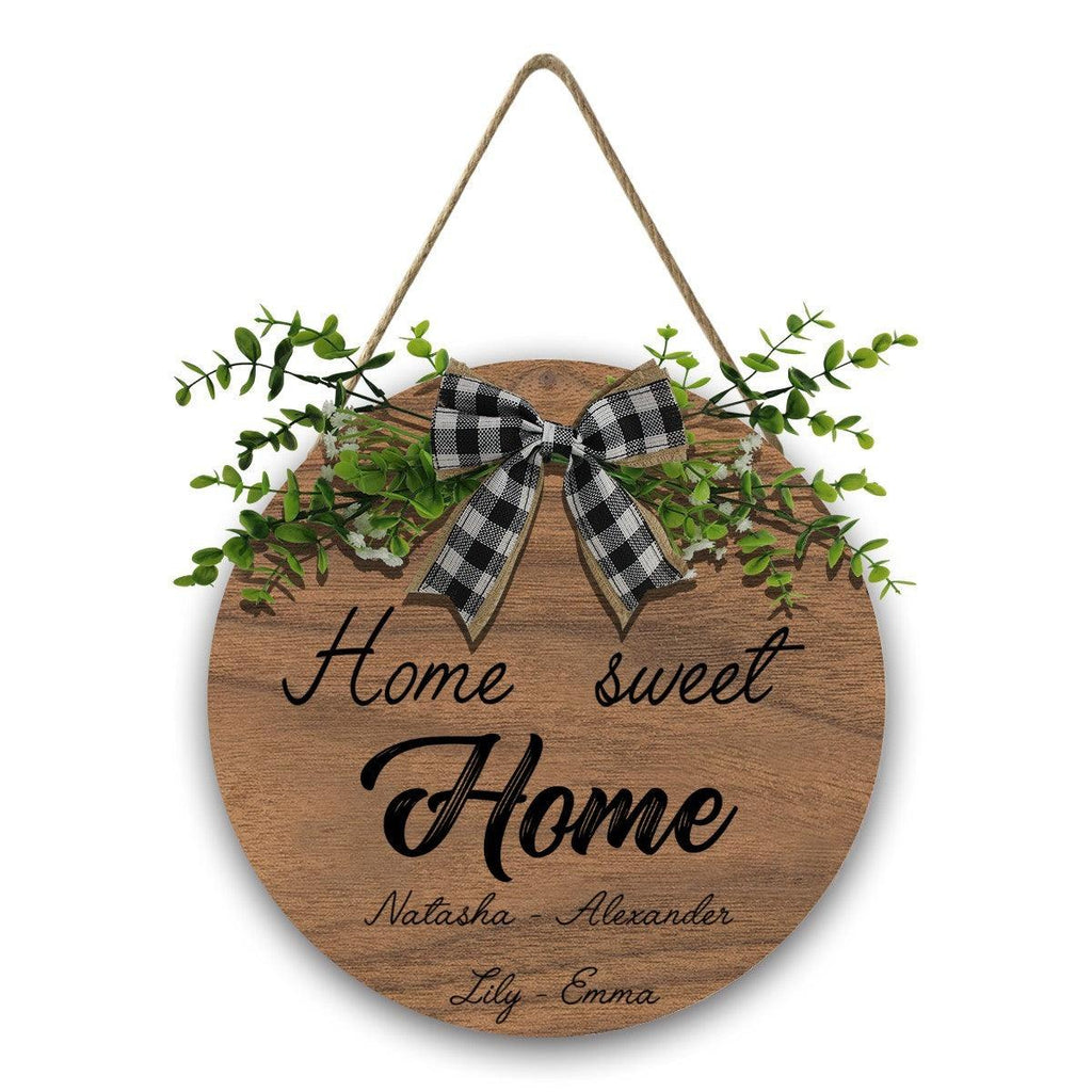 Home Sweet Home Round Wooden Sign — Personalized with Your Names - With Linen Lanyard, Bow & Branch