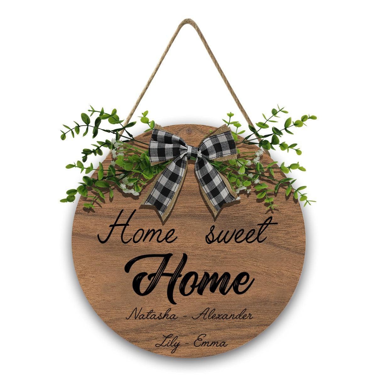 Home Sweet Home Round Wooden Sign — Personalized with Your Names - With Linen Lanyard, Bow & Branch