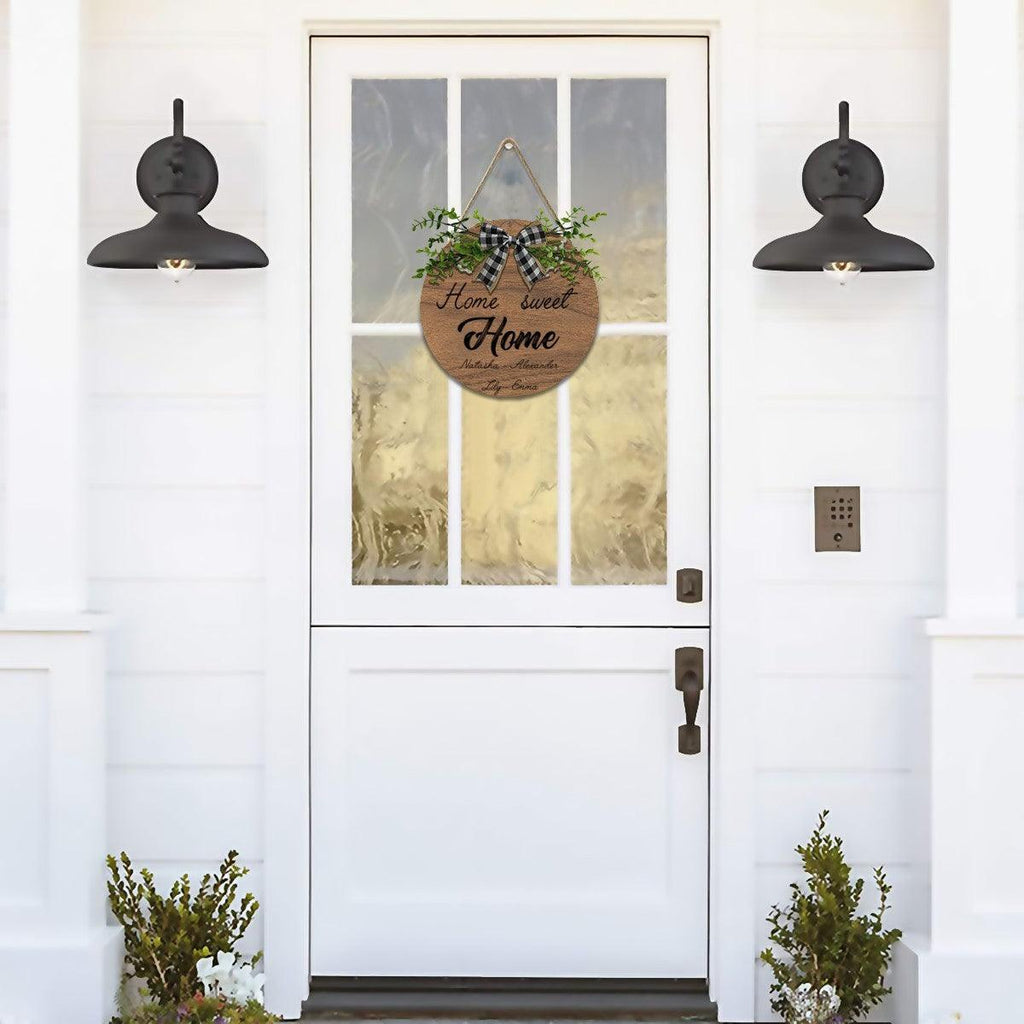 Home Sweet Home Round Wooden Sign — Personalized with Your Names - With Linen Lanyard, Bow & Branch