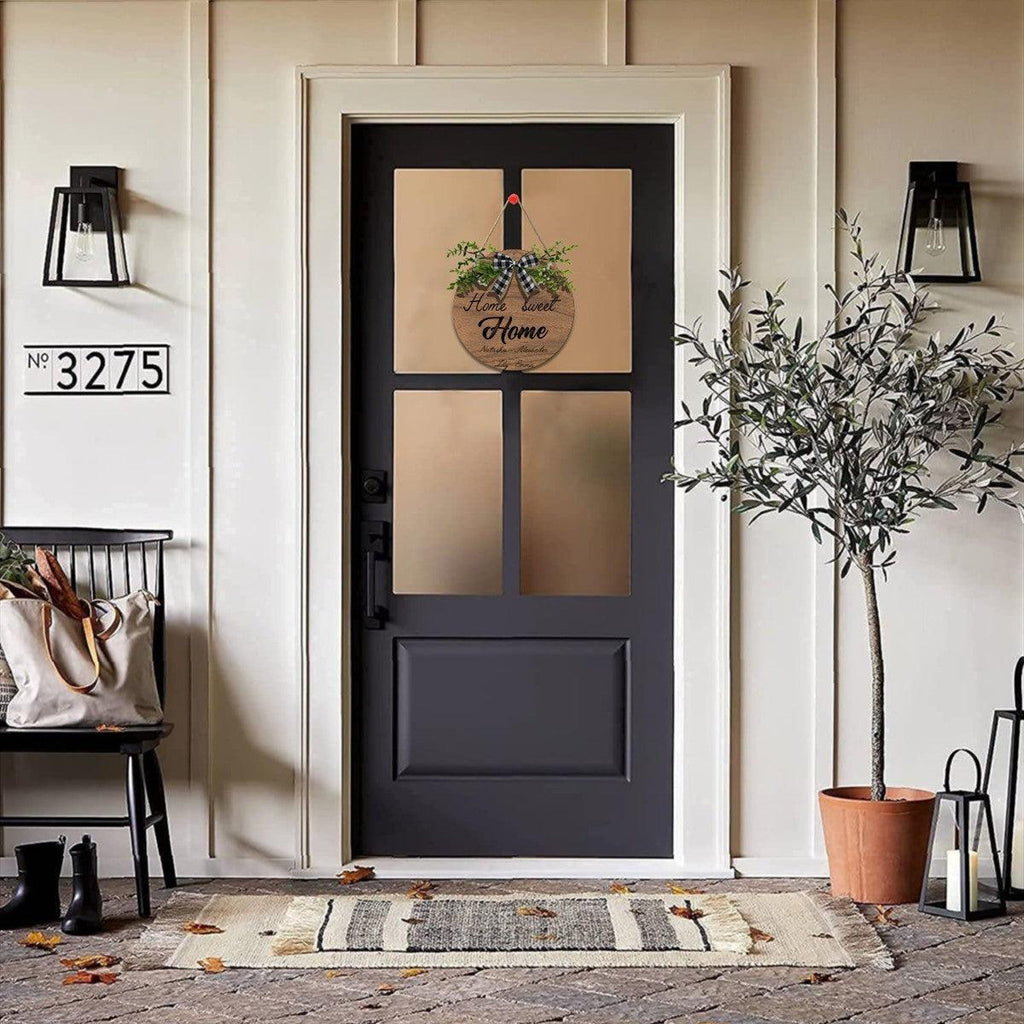 Home Sweet Home Round Wooden Sign — Personalized with Your Names - With Linen Lanyard, Bow & Branch