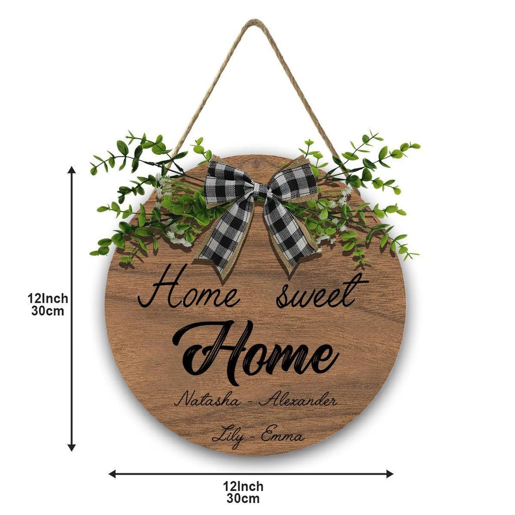 Home Sweet Home Round Wooden Sign — Personalized with Your Names - With Linen Lanyard, Bow & Branch