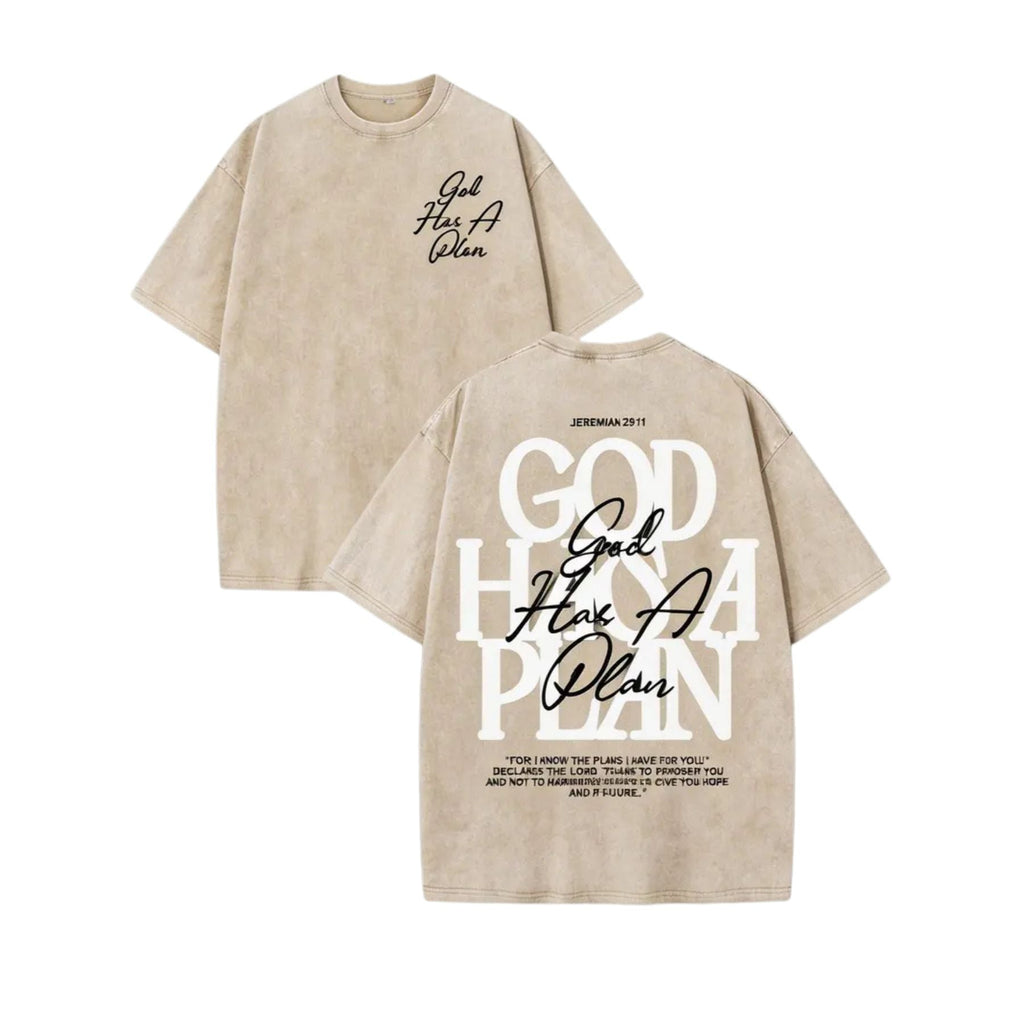 “God Has a Plan” Vintage Washed T-Shirt – 230gsm Heavyweight Double-Sided Christian Graphic Tee