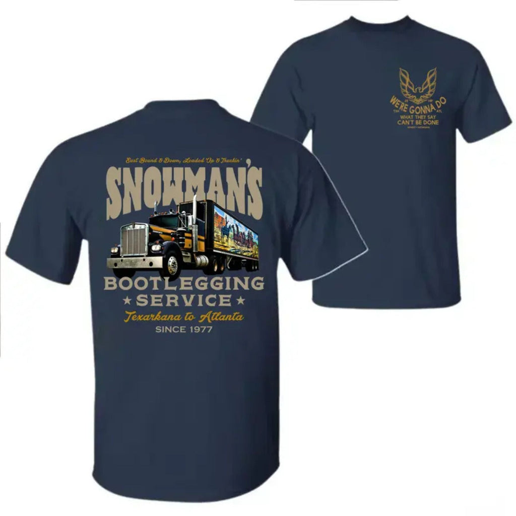 Snowman's Bootlegging Service T-Shirt – Smokey and the Bandit Truck Graphic Tee, Retro 70s Movie Icon Top, Made in USA