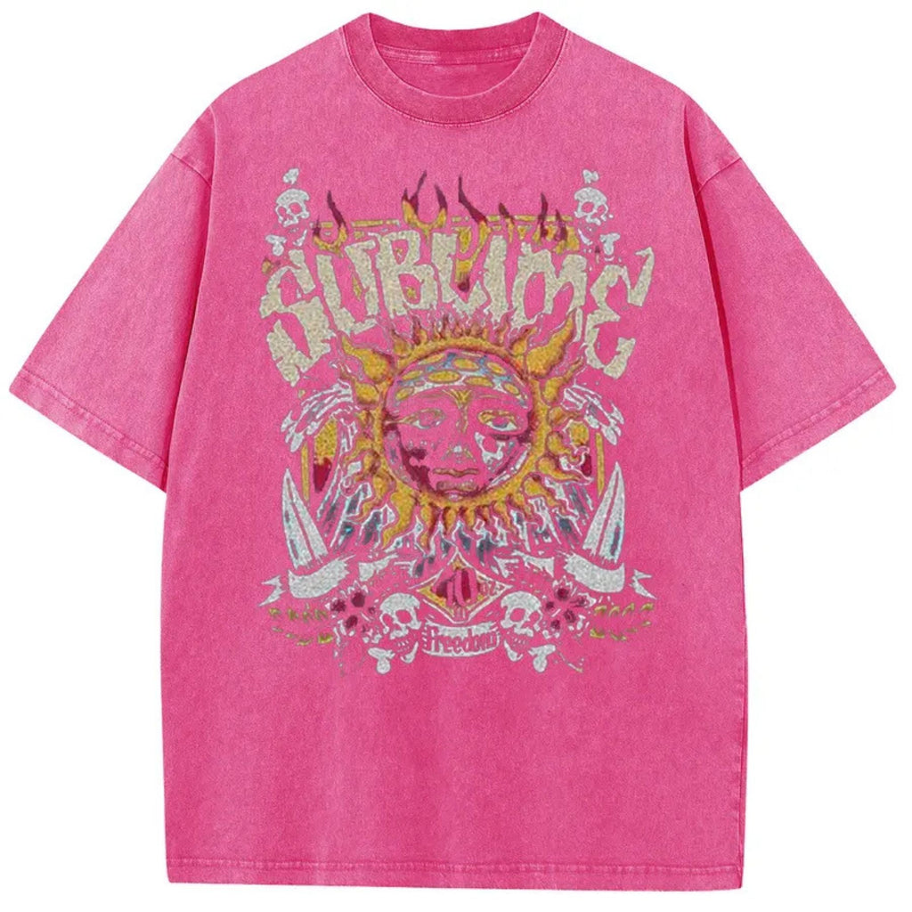 Sun Pattern Acid Washed T-Shirt – Oversized Unisex Vintage Graphic Tee