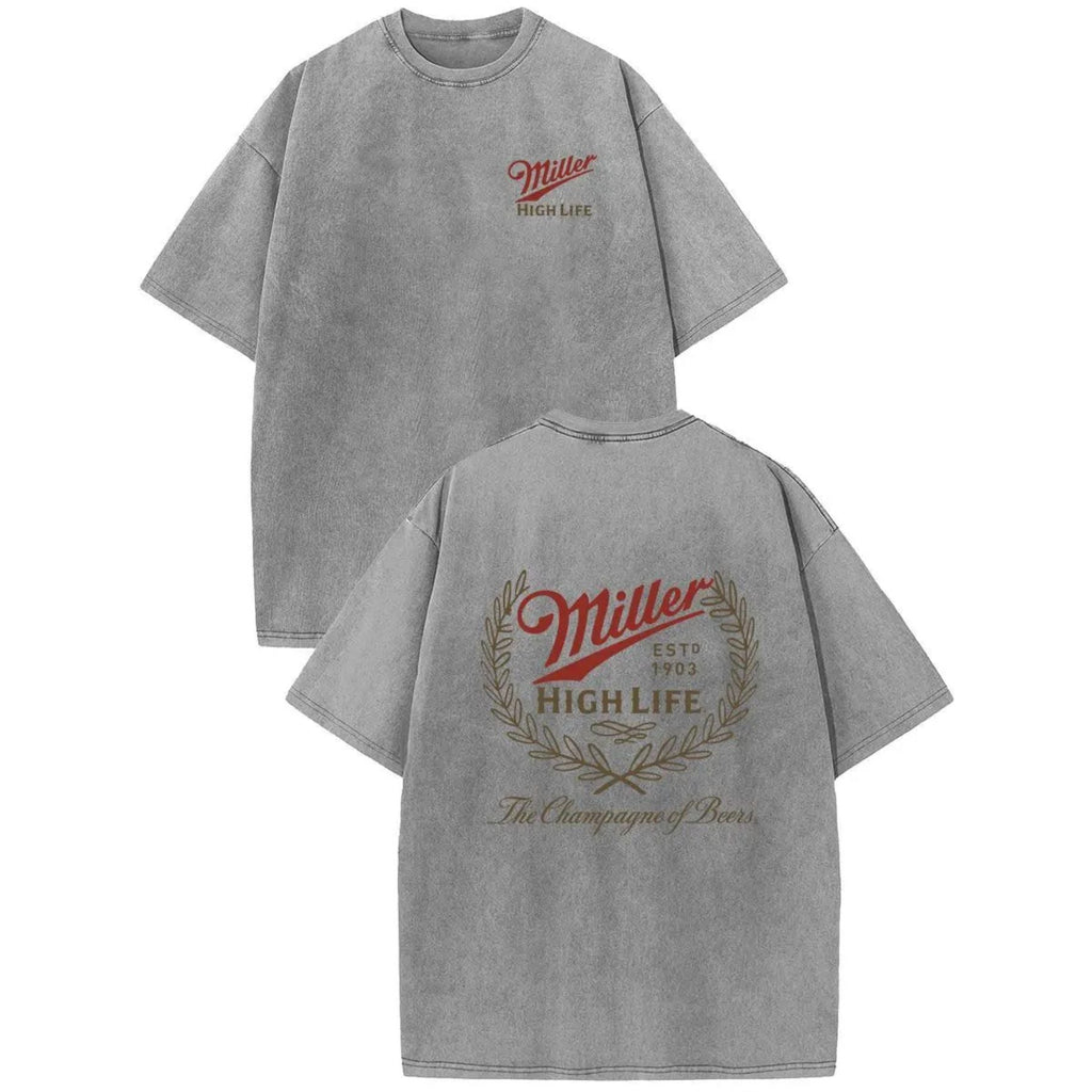 Holafish Miller High Life Acid Wash T-Shirt – Champagne of Beers Double-Sided Graphic Tee, Retro Lightweight Cotton Streetwear