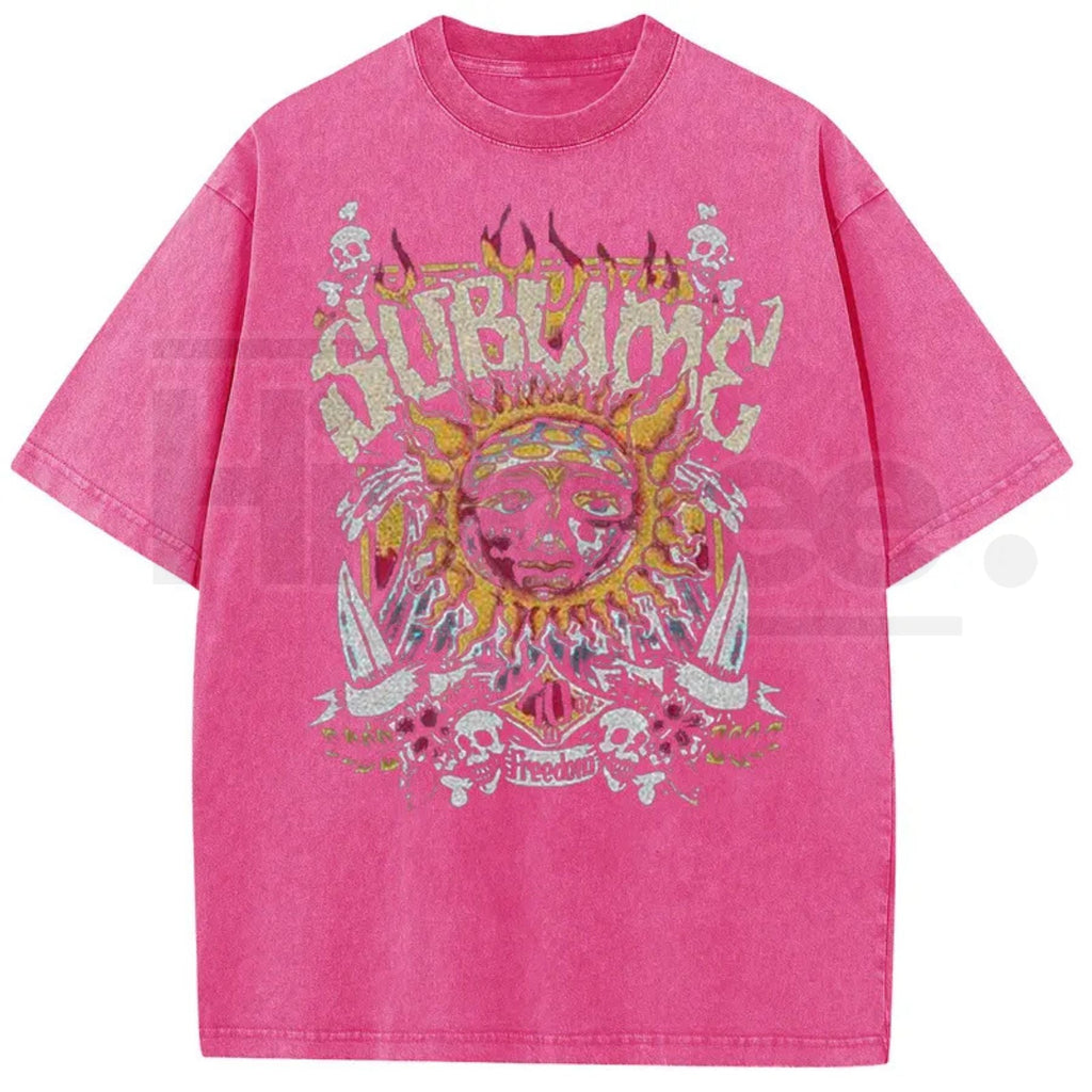 Sunland Sun Pattern Acid Washed T-Shirt – Oversized Unisex Graphic Tee
