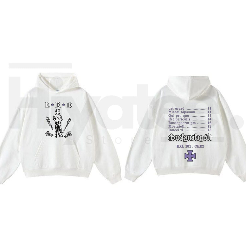 Vintage Punk Graphic & Text Hoodie – Distressed Avant-Garde Streetwear Pullover Sweatshirt