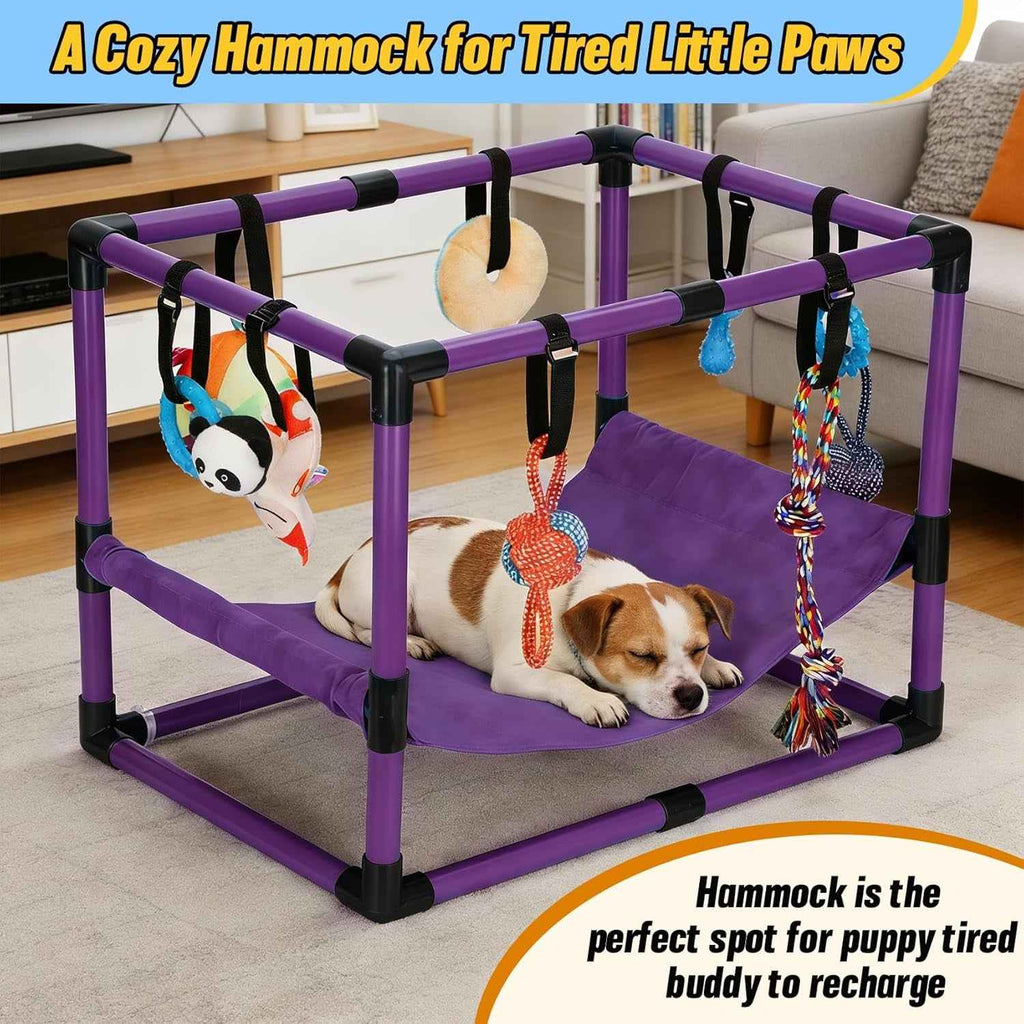 Indoor Puppy Play Gym with Hammock 8 Toys Dog Activity Center