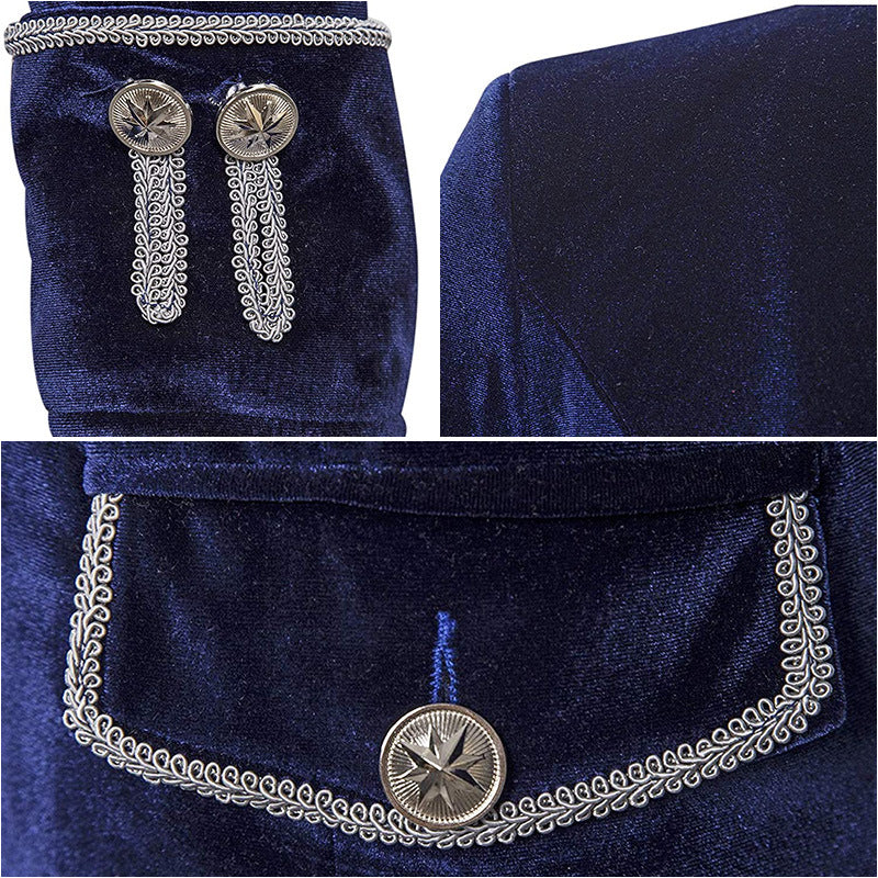 Mens Solid-Color Steampunk Velvet Uniform Stand-Up Collar Coat