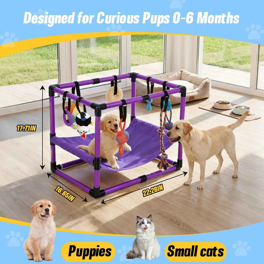 Indoor Puppy Play Gym with Hammock 8 Toys Dog Activity Center